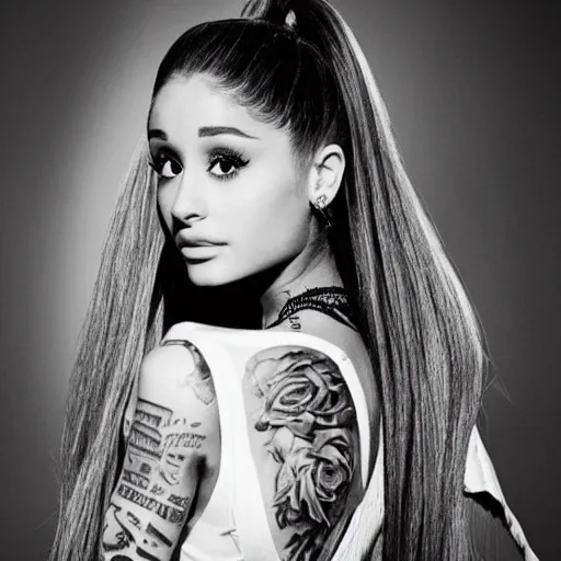 Prompt: ariana grande recursive photo beautiful ariana grande photo bw photography 130mm lens. ariana grande backstage photograph posing for magazine cover. award winning promotional photo. !!!!!COVERED IN TATTOOS!!!!! TATTED ARIANA GRANDE NECK TATTOOS. Zoomed out full body photography. very very very detailed.