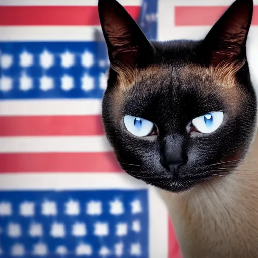 Image similar to a siamese cat named Batman running for president of the USA, campaign poster, detailed