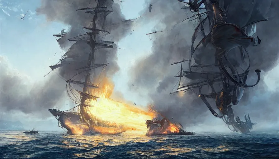 Prompt: dragon attacking a single navy sailing ship, old sailing warship attacked by fire breathing dragon as the sailing ship pulls into port by greg rutkowski