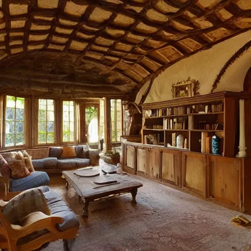 Image similar to house interior with very organic shapes, very detailed, living room of an alchemist