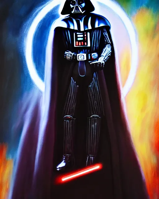 Image similar to enamel painting portrait of darth vader with a halo, coruscant background, high production value, intricate details, high resolution, hdr, high definition, masterpiece, realistic, ultrarealistic, highly detailed, hd, sharp focus, non blurry, sharp, smooth
