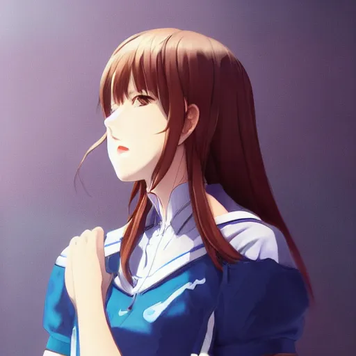 Image similar to a high detail portrait of high school girl by makoto sinkai, in simple background, by CLIP STADIO