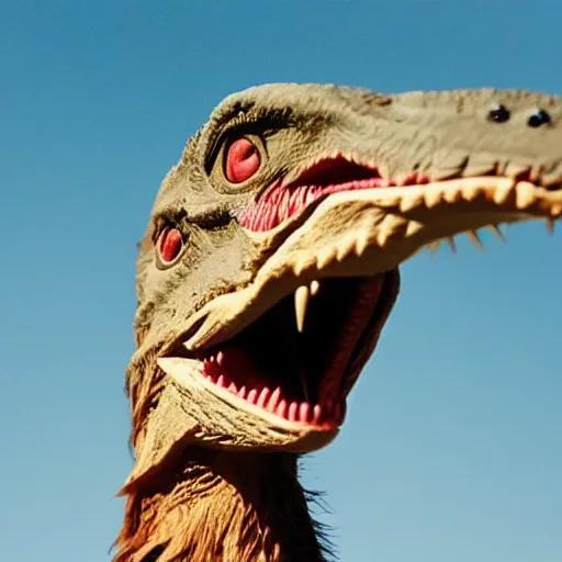 Image similar to a photograph of a velociraptor with feathers