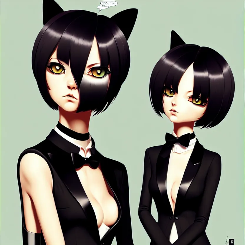 Image similar to a humanoid two cat, slim cruel business girl in tuxedo with black bob hair, elegant, 2 d, ultra highly detailed, digital painting, smooth, sharp focus, artstation, art by ilya kuvshinov!