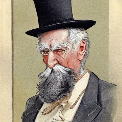 Prompt: a old man in a cream suit with smart grey hair and a beard, silver monocle, art by richard doyle