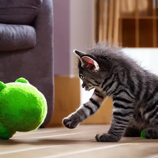 Prompt: a monster kitten tries to eat a man in his living room