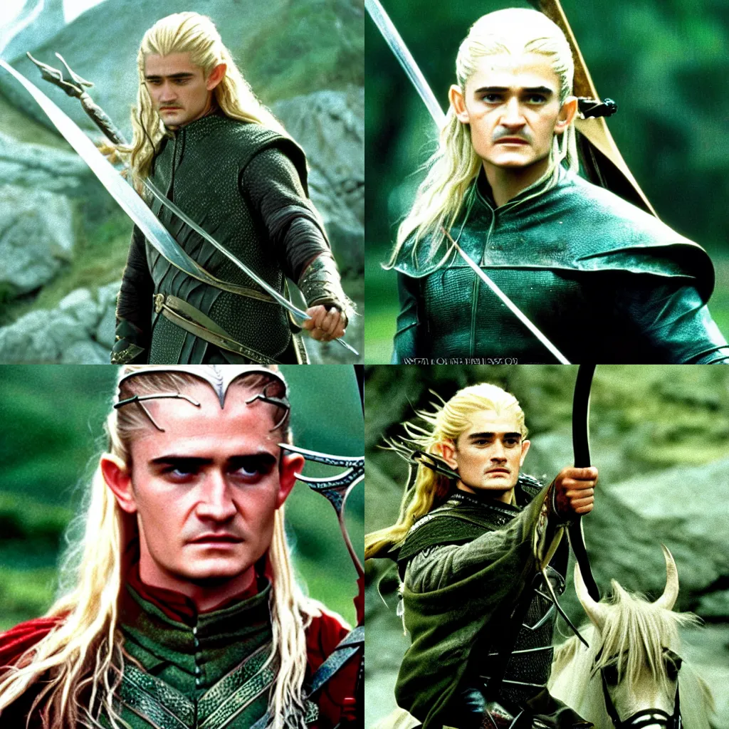 Prompt: Orlando Bloom as Legolas, cinema still from The Lord of the Rings (1991)