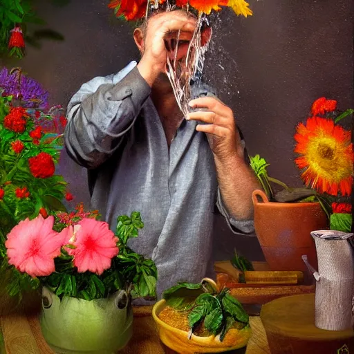 Image similar to man pouring water on head, flowers are in a pot on his head, the pot is part of his head, high detail, 8K digital art