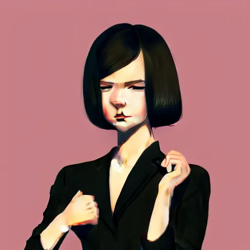 Image similar to young female in black tuxedo, scornful, disdainful, muted colors, matte print, pastel colors, 2d, ultra highly detailed, smooth, sharp focus, digital art, digital painting, fan art, elegant, artstation, head is centered, by Ilya Kuvshinov