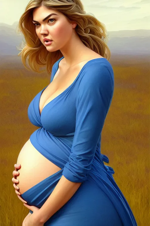 Image similar to pregnant kate upton in a blue dress, realistic portrait, symmetrical, highly detailed, digital painting, artstation, concept art, smooth, sharp focus, illustration, cinematic lighting, art by artgerm and greg rutkowski and alphonse mucha