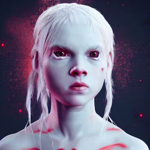 Prompt: albino girl in a ornated armor pagan facepaint, dynamic pose, detailed, photograph, award wining, red and white, trending on artstation, 4 k, unreal engine 5, octane render, neon highlights