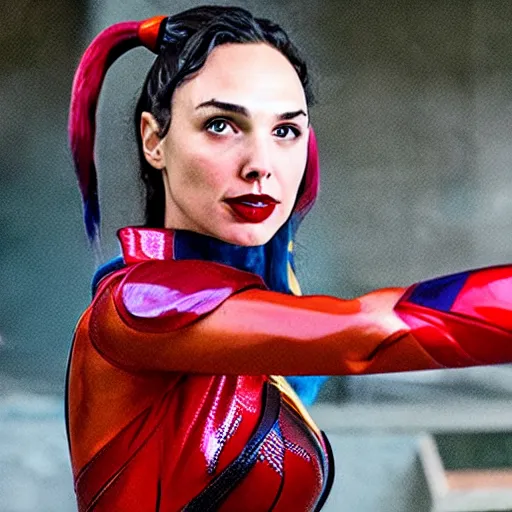 Image similar to A still of Gal Gadot as Harley Quinn