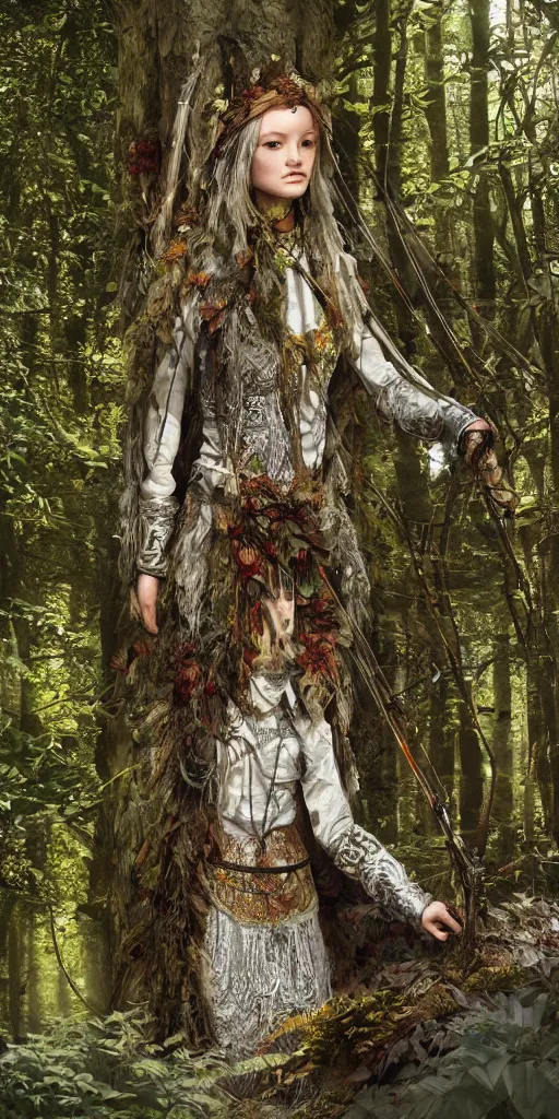 Prompt: extreme detail, forest shaman female in the woods archer female, charles vess, lincoln green clothing silver intricate stitched patterned clothes, potions, plants, greenhouse, klimt, hyperealistic, hdri lighting, octane