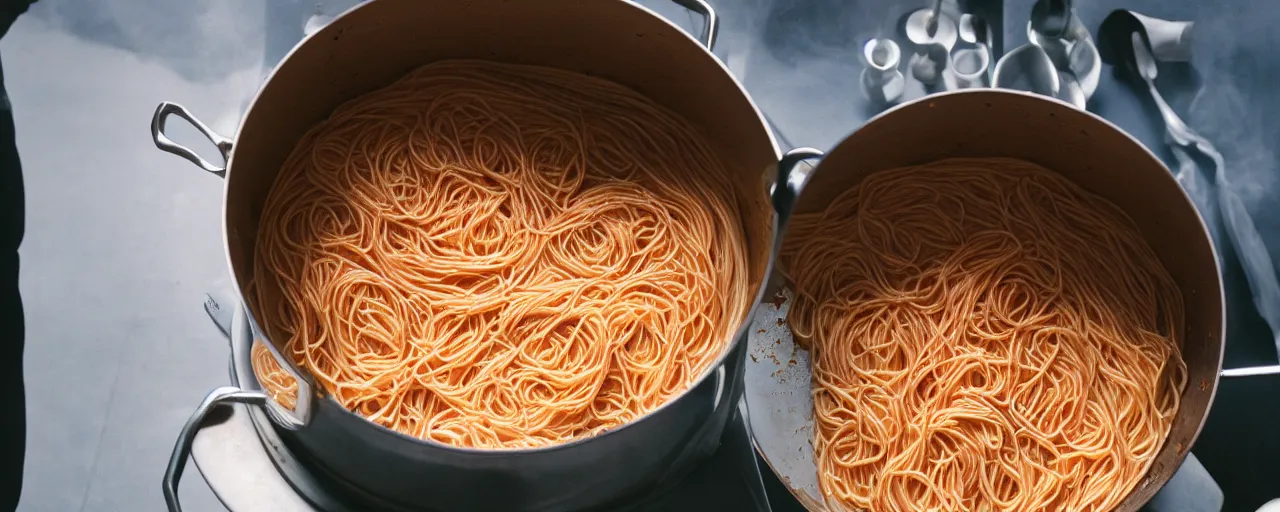 Prompt: medium shot of spaghetti being cooked in a large pot, minimal, sharply focused, canon 5 0 mm, wes anderson film, kodachrome