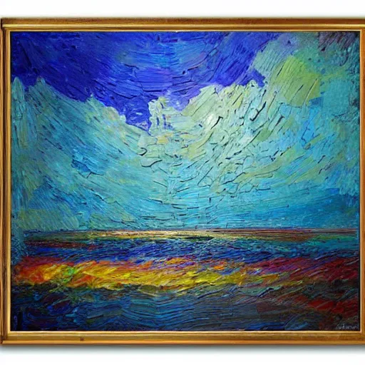 Image similar to megalodon, modern, impressionist, highly textured landscape, palette knife, layered, sculptured, dynamic, oil on canvas