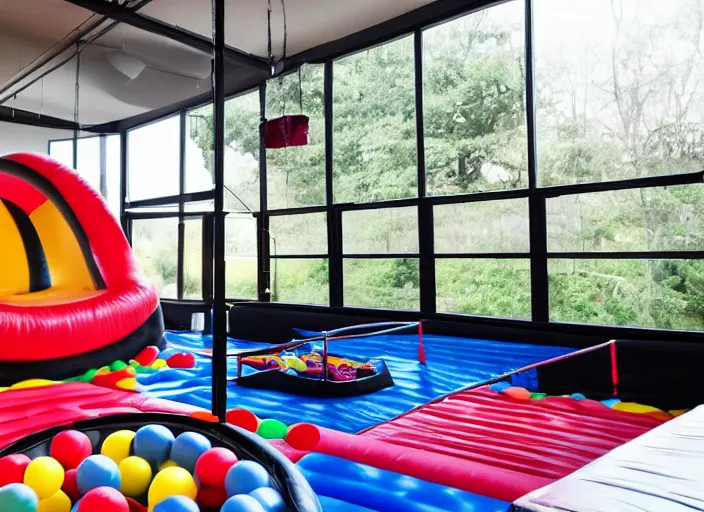 Image similar to A black trampoline next to A bouncy house with a ball pit inside a giant empty room with light coming through windows