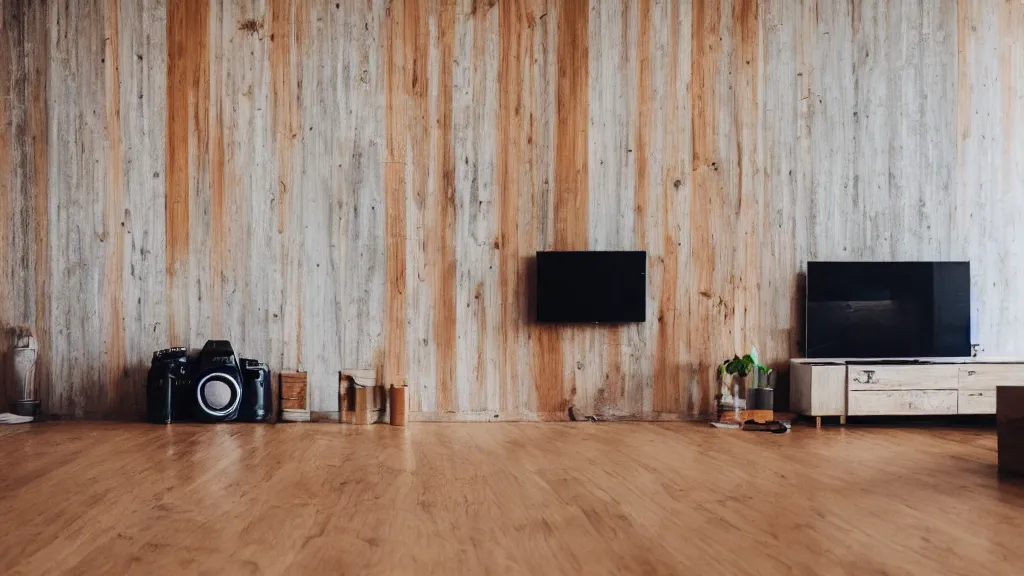 Image similar to dslr photograph of a living room, wooden floor, concrete wall
