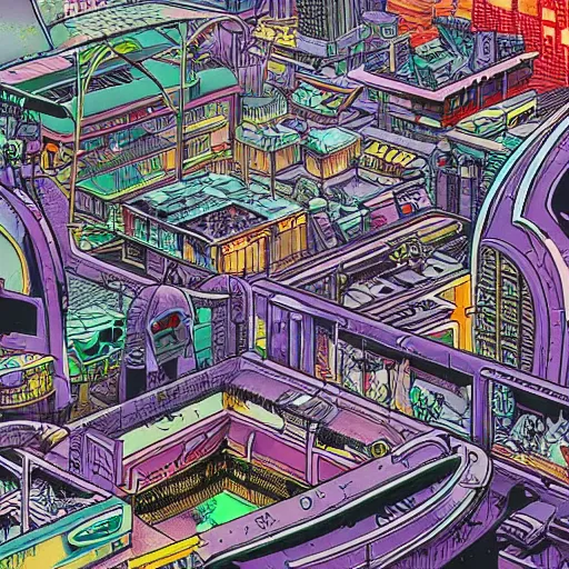 Prompt: highly detailed illustration of a sci fi city, juxtapoz magazine