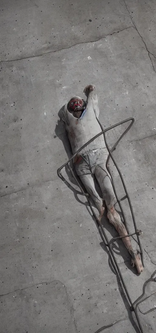 Prompt: a human encased in concrete and steel rebar