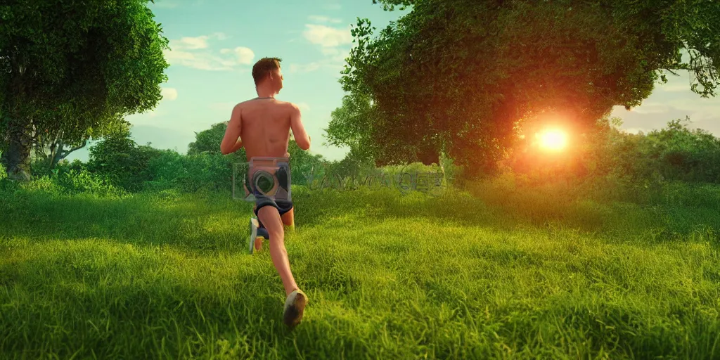 Image similar to Render of a young man running through a lush green countryside, with the sun setting over the sea, trending on artstation, 4k, soft focus