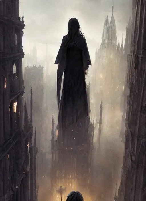 Prompt: a teenage girl with short dark hair and a tattered grey cloak stands atop the tallest building in a gothic fantasy city. beautiful painting by greg rutkowski