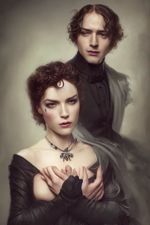 Image similar to a portrait of handsome young evil male Satan and his elegant beautiful wife, bored, illustration, dramatic lighting, soft details, painting oil on canvas, art deco, octane render, HDR, 4k, 8k, HD, by Edmund Blair Leighton, Brom, Charlie Bowater, trending on artstation, faces by Tom Bagshaw, Sargent