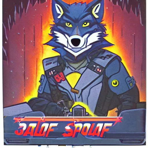 Image similar to 1 9 8 0 s video game art of anthropomorphic wolf o'donnell from starfox fursona furry wolf in a dark space mercenary uniform, looking heroic, magazine scan, 8 0 s game box art, dark grey wolf o'donnell