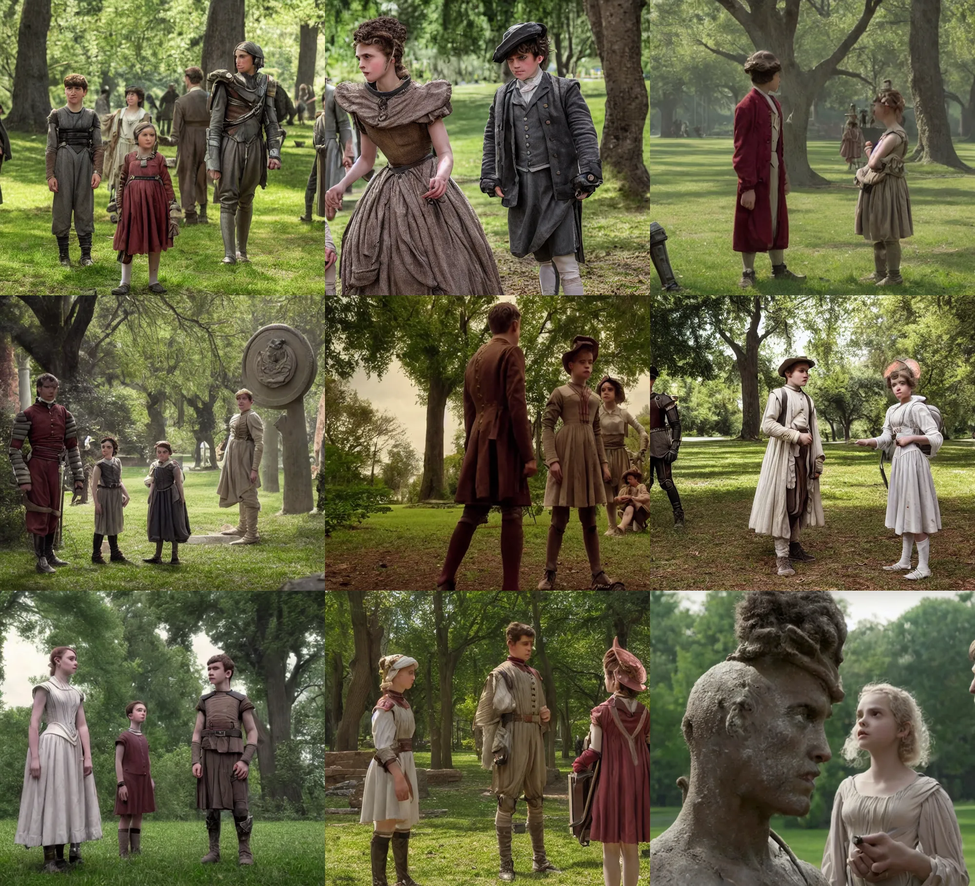 Prompt: sharp, highly detailed, film from a 2 0 1 9 sci fi 8 k movie, time travelers appear in a park, a boy from the roman empire and a girl 1 8 5 0, each wearing correct era clothes, atmospheric lighting, in focus, reflective eyes, 3 5 mm macro lens, nice composition