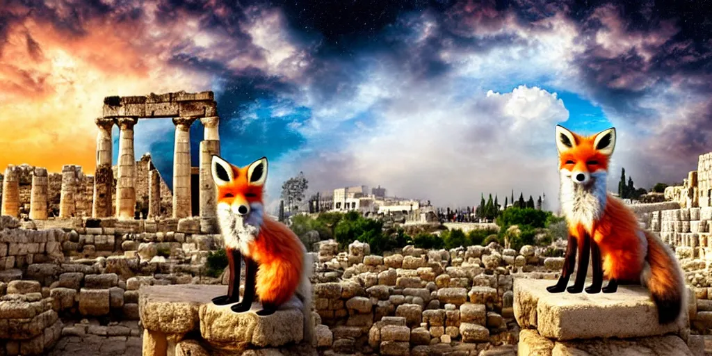 Prompt: a adorable small fox in the huge ruins of the second temple in jerusalem in the distance. the third temple hovers quietly hiding in the dreamy clouds above. a hooded bearded old man in a tunic laughing, colorful 8 k, art station, intricate superb details, digital art, cinematic, bokeh dof sky, a painting by afremov.