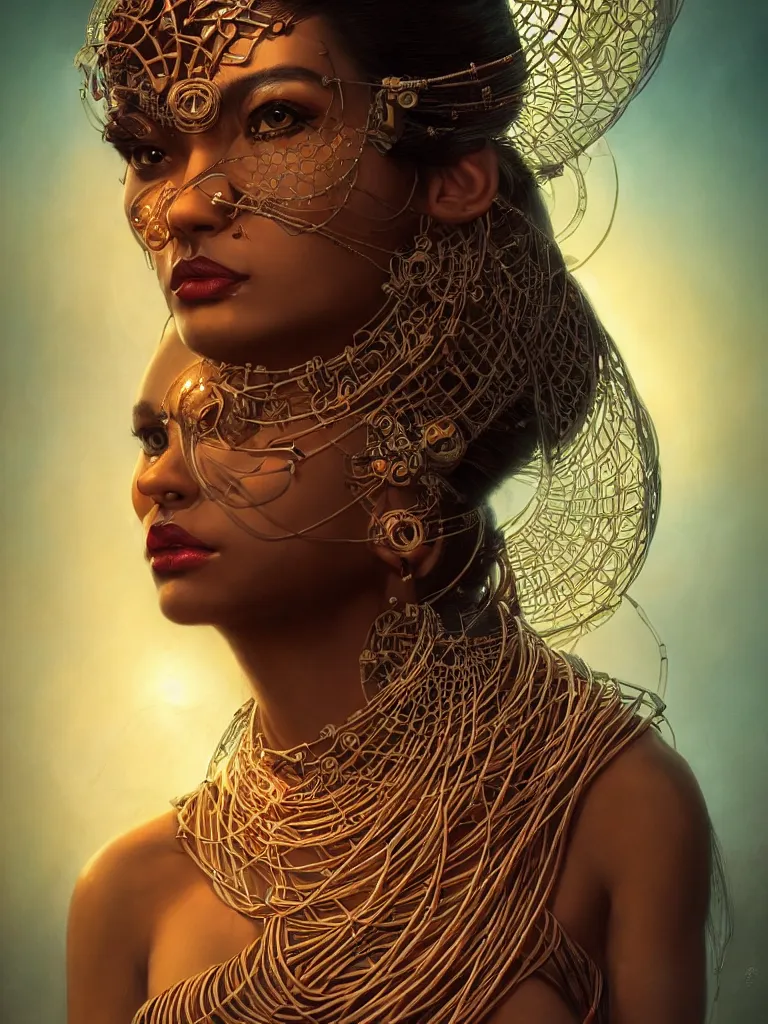 Image similar to a centered render of an alluring mystical tribal goddess adorned with cables and synthesizer parts is surrounded by sacred geometry, full body, gorgeous face, perfect face, powerful, cinematic, beautifully lit, by artgerm, by karol bak, 3 d, trending on artstation, octane render, 8 k