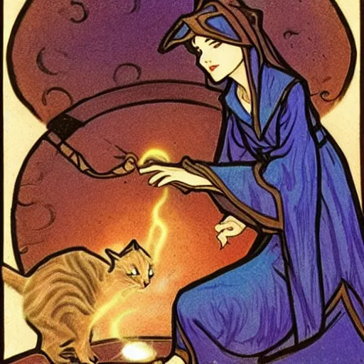 Prompt: female mage is casting a magic spell, with a small cat by her side, d & d, fantasy, magic, mucha style,