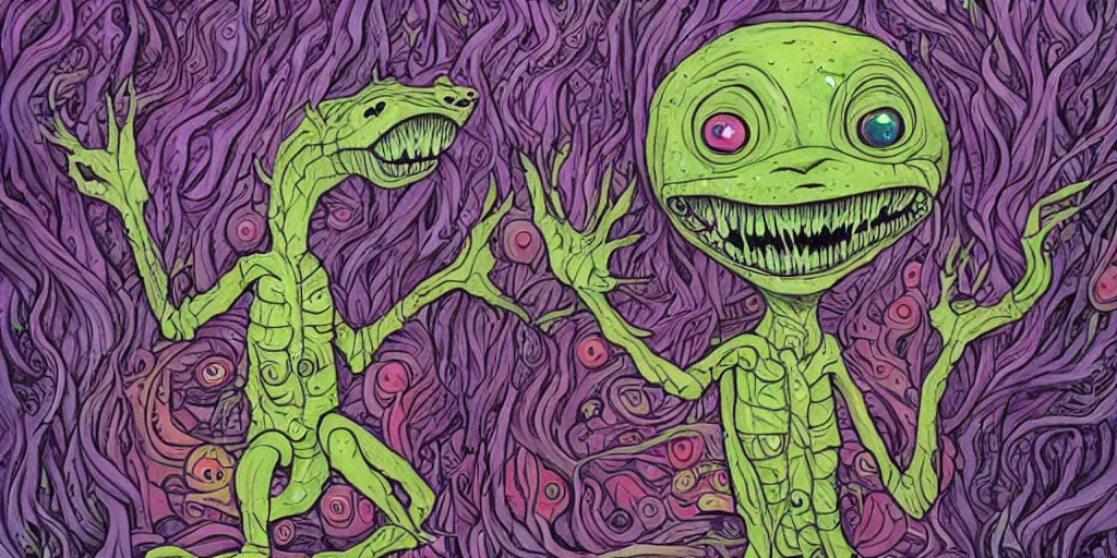 Image similar to extremely disturbing alien creature crawling through a swamp, created by Jeremiah Ketner