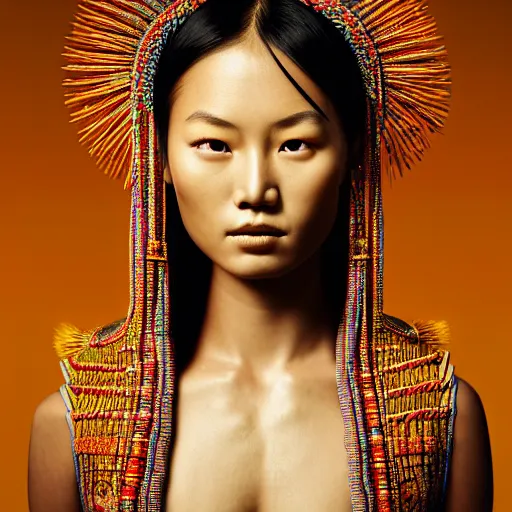 Image similar to portrait of a stunningly beautiful asian tribal female, depth of field, zeiss lens, detailed, symmetrical, centered, fashion photoshoot, by annie leibovitz and steve mccurry, david lazar, jimmy nelsson, breathtaking, 8 k resolution, extremely detailed, beautiful, establishing shot, artistic, hyperrealistic, beautiful face, octane render