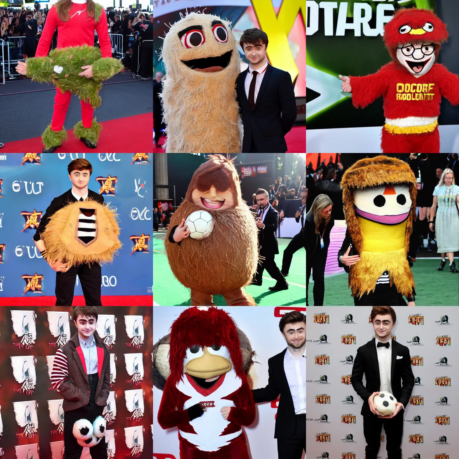 Prompt: daniel jacob radcliffe in a football mascot coconut costume on the red carpet, award ceremony