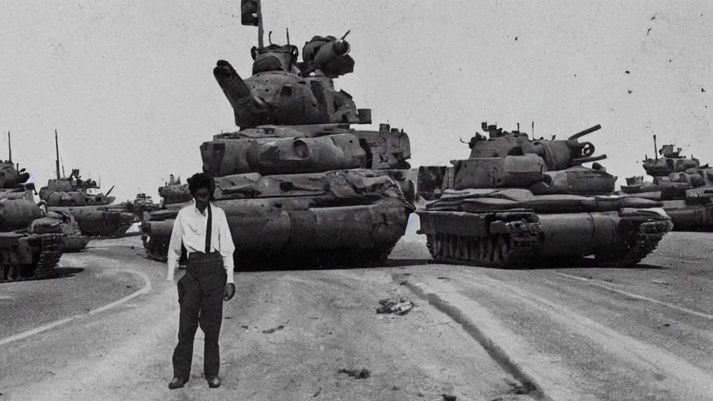 Image similar to old historic photograph with person in white shirt, holding grocery bags, standing alone on the road facing four battle tanks approaching him, intense photo