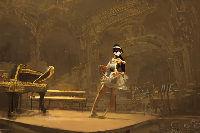 Image similar to craig mullins and ghibli digital art of on the stage of the theater, a masked female violinist performs alone, dressed in exotic costumes, gold jewelry, and black hair realistic shading, cinematic composition, realistic render, octane render, detailed textures, photorealistic, wide shot