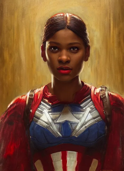 Image similar to maria igwe. beautiful female Captain America. gorgeous face. Iranian orientalist portrait by john william waterhouse and Edwin Longsden Long and Theodore Ralli and Nasreddine Dinet, oil on canvas. Cinematic, hyper realism, realistic proportions, dramatic lighting, high detail 4k