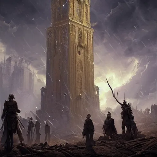 Image similar to epic masterpiece of cinematographic hyperrealism where a group of archeologists appears in front of a large demonic tower. realistic shaded lighting poster by craig mallismo, artgerm, jeremy lipkin and michael garmash, unreal engine, detailed and intricate environment, digital art, art station trends, horror, night, dark lighting, lightning