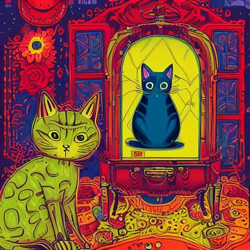 Image similar to colorful illustration of funny cat in the yellow tuxedo and red tie by jeremiah ketner and dan mumford