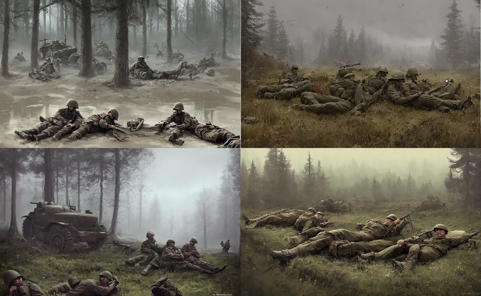 Prompt: ww2 soldiers resting a beautiful matte painting trending on artstation, simon stalenhag and jacub rozalski, hyperdetailed