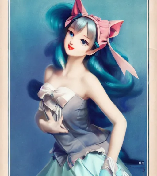 Prompt: Cute Hatsune miku by Gil Elvgren, Vladimir Volegov, Earl Moran, Enoch Bolles, symmetrical shoulders