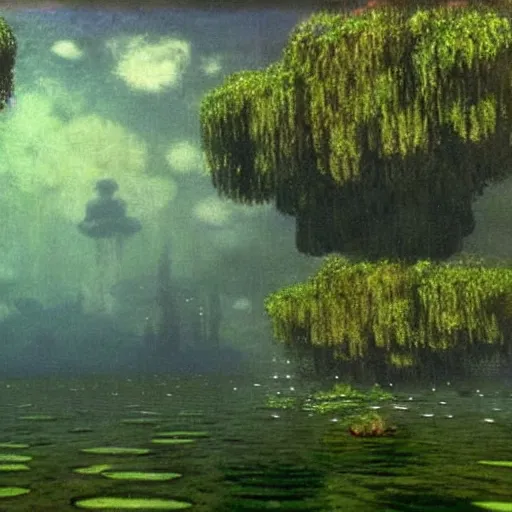 Image similar to gloomy underwater pastoral dreamscape by claude monet, from legend of zelda water temple level