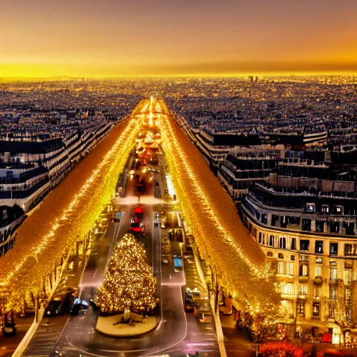 Prompt: an avenue in paris on a christmas night, colorful, aerial view, photorealistic, 8 k