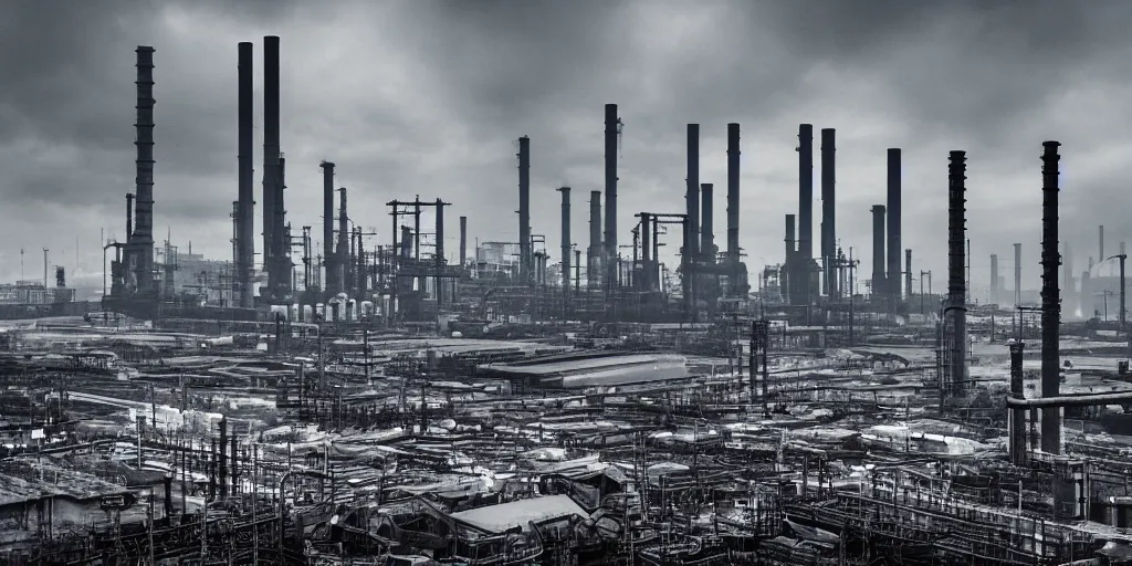 Image similar to industrial science-fiction landscape, huge mechanical towers, ground full of factories and pipes, under a dark cloudy sky, in the style of Blade Runner