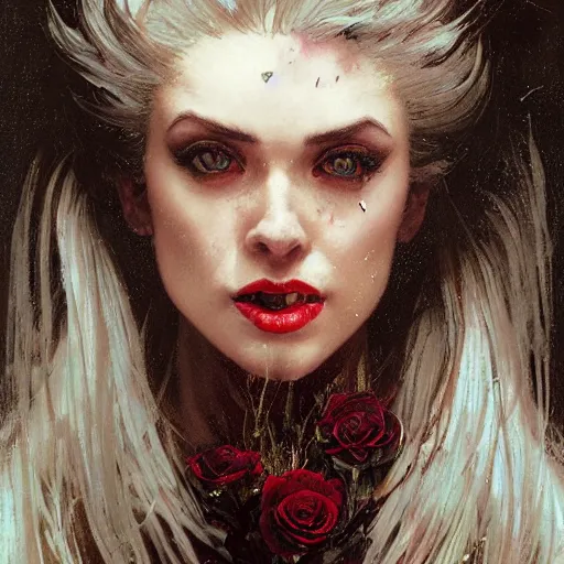 Prompt: portrait of a menacing beautiful vampire, head only, headshot, detailed and clear eyes and mouth, blinding white hair, roses scattered everywhere, by Stanley Artgerm Lau , greg rutkowski, thomas kindkade, alphonse mucha, loish, norman rockwell, J. C. Leyendecker. hair waving in the wind, pale skin, sinister complexion, thorn crown, image bordered by thorns, thorn background. D&D, fantasy. Trending on artstation rule of thirds extremely detailed render, extremely realistic, detailed lighting, octane hd 4k