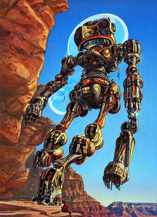 Image similar to realistic physically based rendering of a giant mechanical robot wasp at the grand canyon by jack kirby!!! and simon bisley, epic, awesome trendy color palette, cinematic, diorama