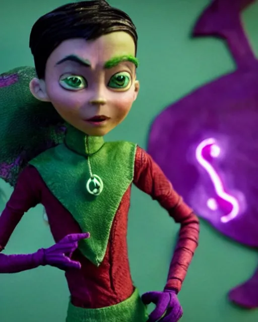 Image similar to actress ruby rose as the purple skinned green lantern soranik natu, as a highly detailed stop motion puppet, in the style of laika studios ’ s paranorman, coraline, kubo and the two strings shot in the style