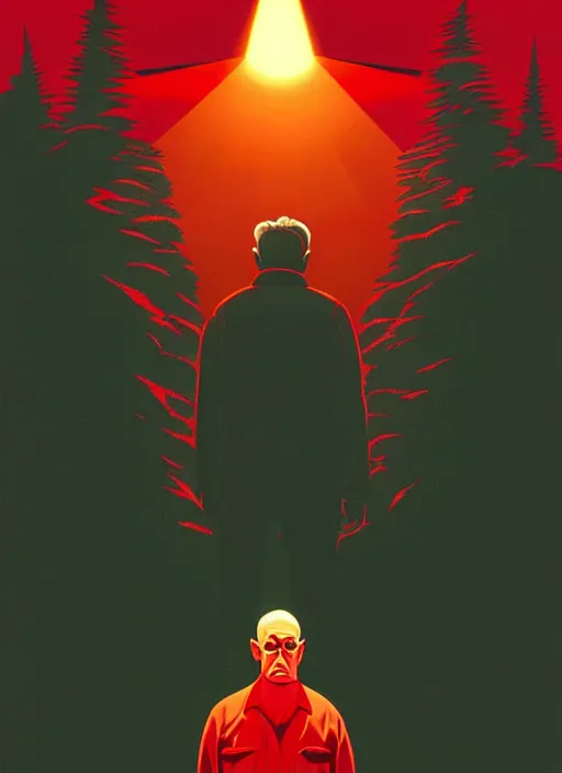 Image similar to Twin Peaks poster artwork by Michael Whelan and Bob Larkin, of portrait of Joe Rogan in red flannel, spotlight from the sky shining on him, from scene from Twin Peaks, clean, simple illustration, nostalgic, domestic