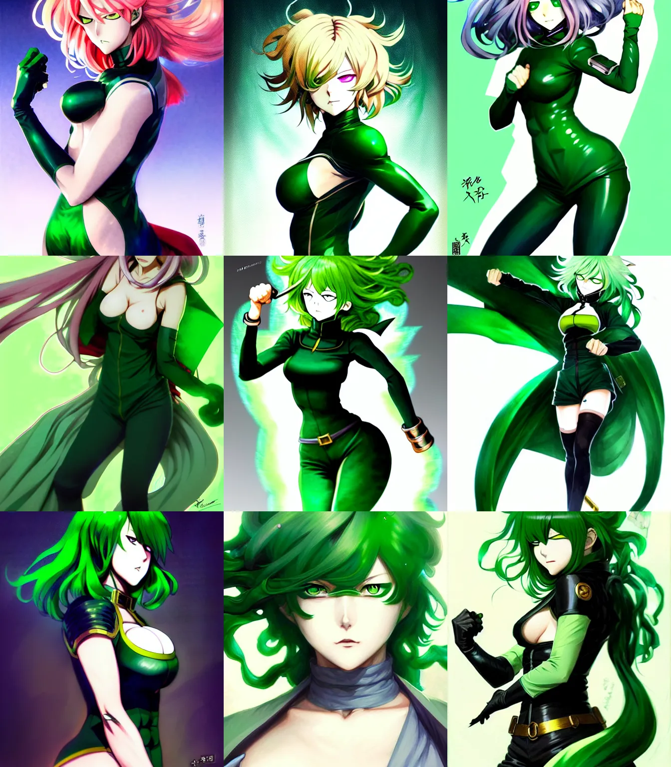 Prompt: rogue anime girl Tatsumaki from One punch man, hourglass slim figure, green hair and attractive features, dungeons and dragons portrait, seductive smile, highly detailed, digital painting, artstation, concept art, sharp focus, illustration, art by artgerm and greg rutkowski and alphonse mucha