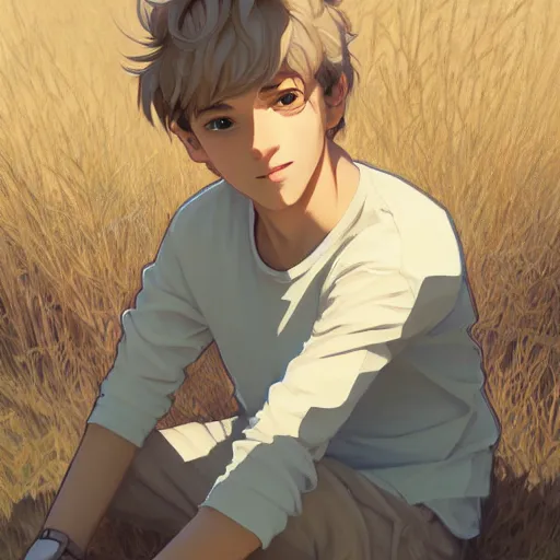 Image similar to young man with short, ash blond greyish hair, light brown eyes, casual clothes, relaxing, happy, path traced, highly detailed, high quality, digital painting, by studio ghibli and alphonse mucha, sylvain sarrailh, beautiful details